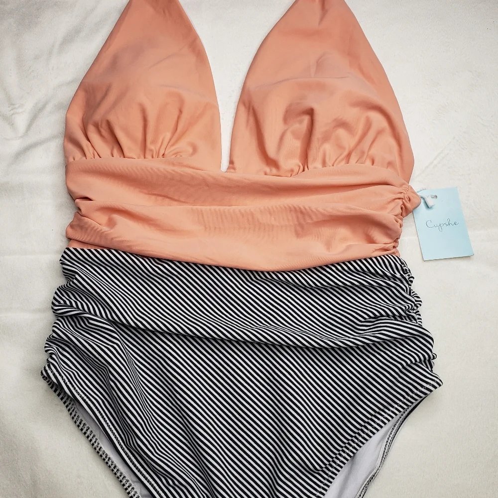Cupshe Swimsuit One Piece Peach Black White Pinstripe Women's Medium 6/8 NWT